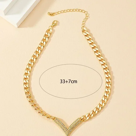 Rhinestone Chunky Chain Necklace, Charm Pendant Trendy dainty Minimalist - Picture 3 of 3